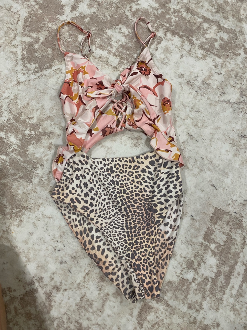 Floral & Leopard Cutout One-Piece Swimsuit - Pink Mix